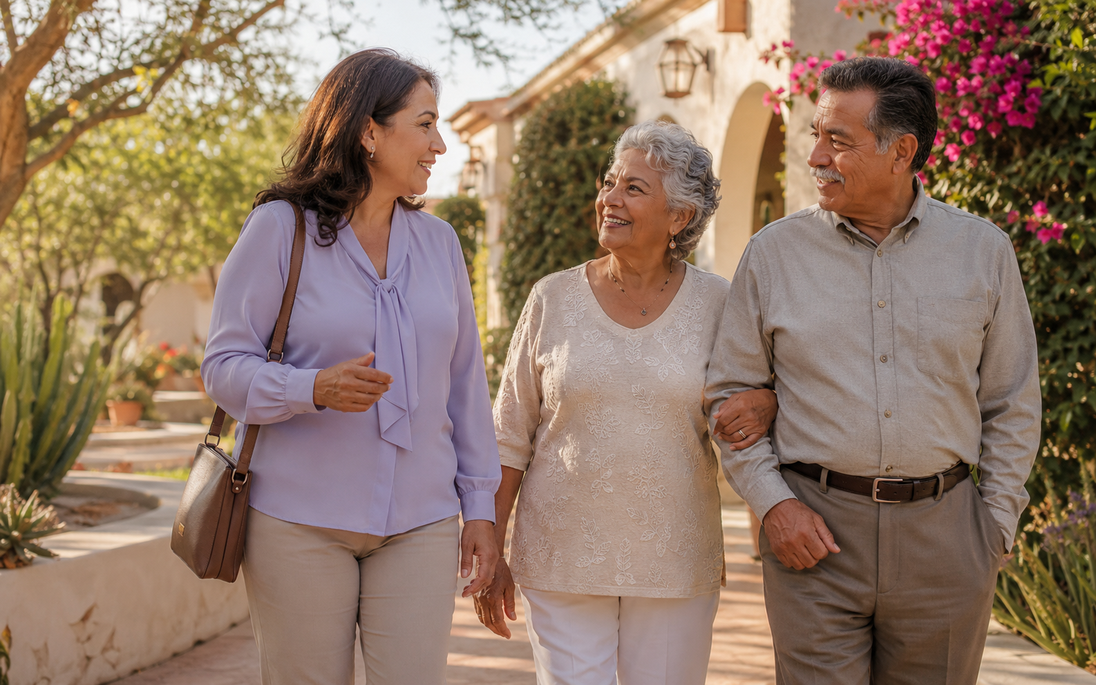 A senior couple walking with a compassionate senior care navigator